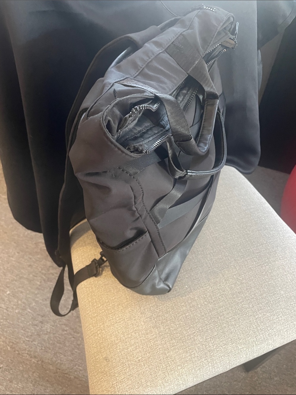 Minimalist Black Nylon Backpack with Top Handles 16”x16”